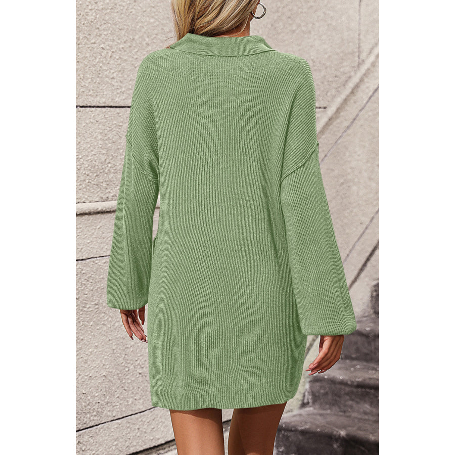 Collared Neck Long Sleeve Sweater Dress with Pockets Apparel and Accessories