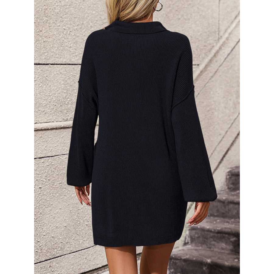 Collared Neck Long Sleeve Sweater Dress with Pockets Apparel and Accessories