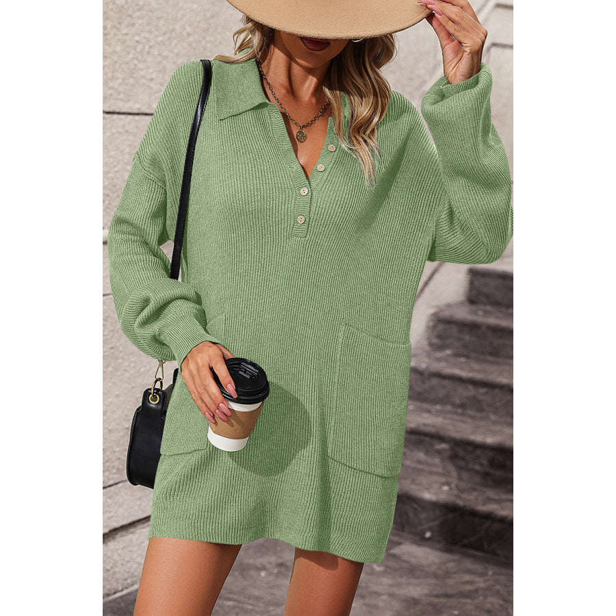 Collared Neck Long Sleeve Sweater Dress with Pockets Apparel and Accessories