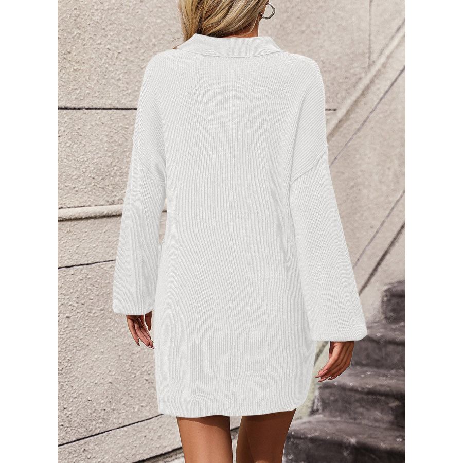 Collared Neck Long Sleeve Sweater Dress with Pockets Apparel and Accessories