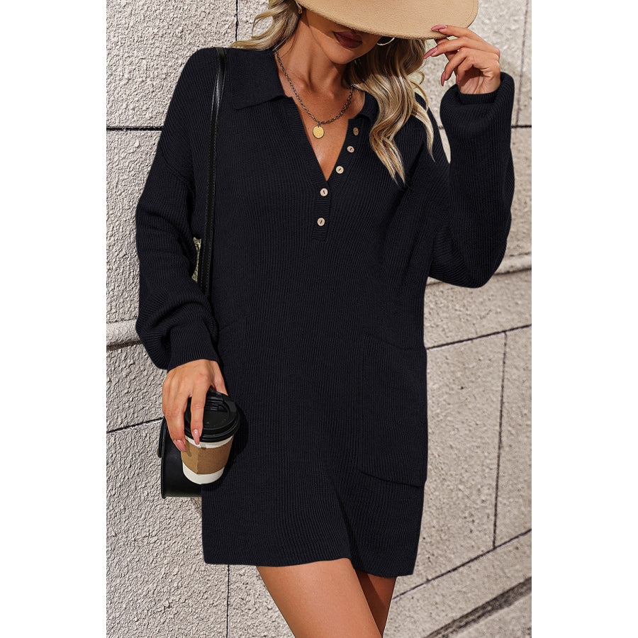 Collared Neck Long Sleeve Sweater Dress with Pockets Apparel and Accessories