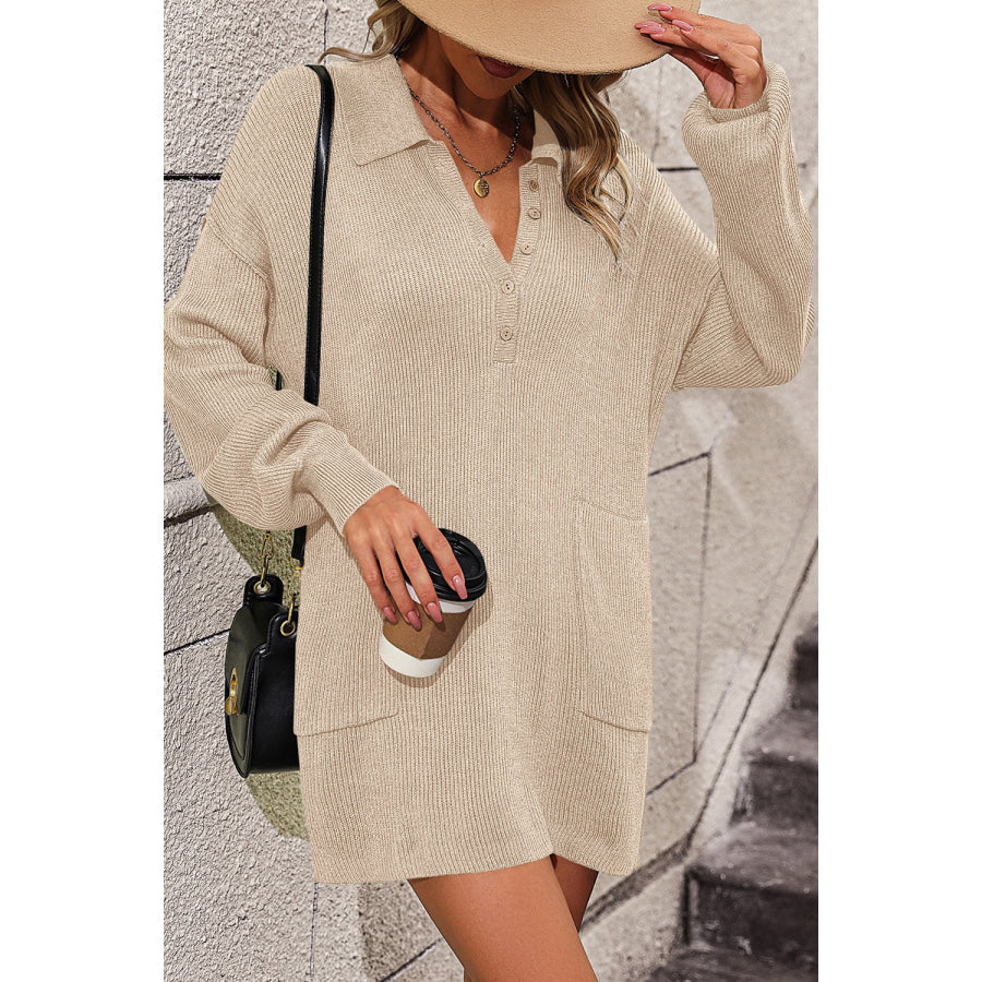 Collared Neck Long Sleeve Sweater Dress with Pockets Apparel and Accessories