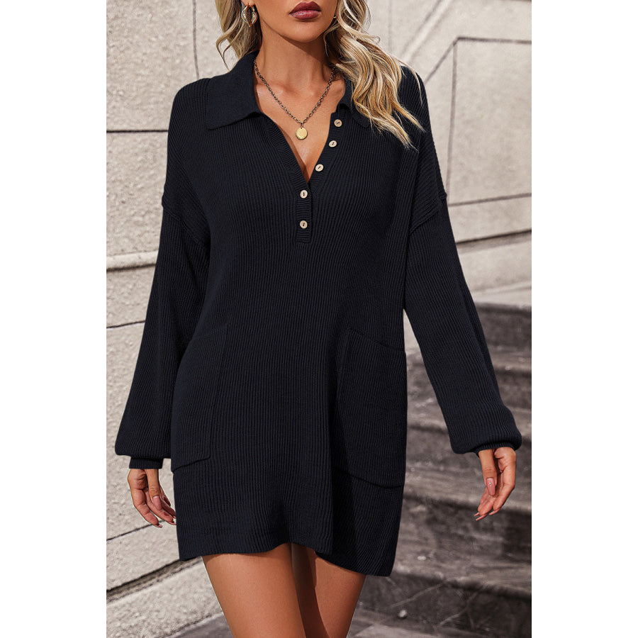 Collared Neck Long Sleeve Sweater Dress with Pockets Black / S Apparel and Accessories