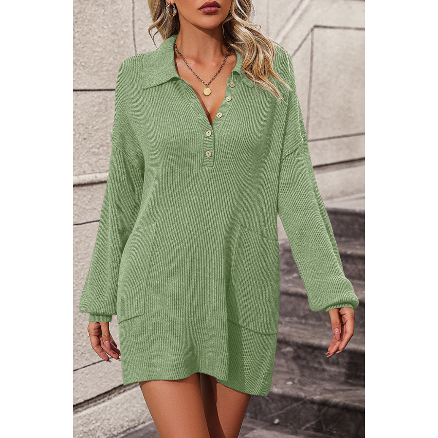 Collared Neck Long Sleeve Sweater Dress with Pockets Lime / S Apparel and Accessories