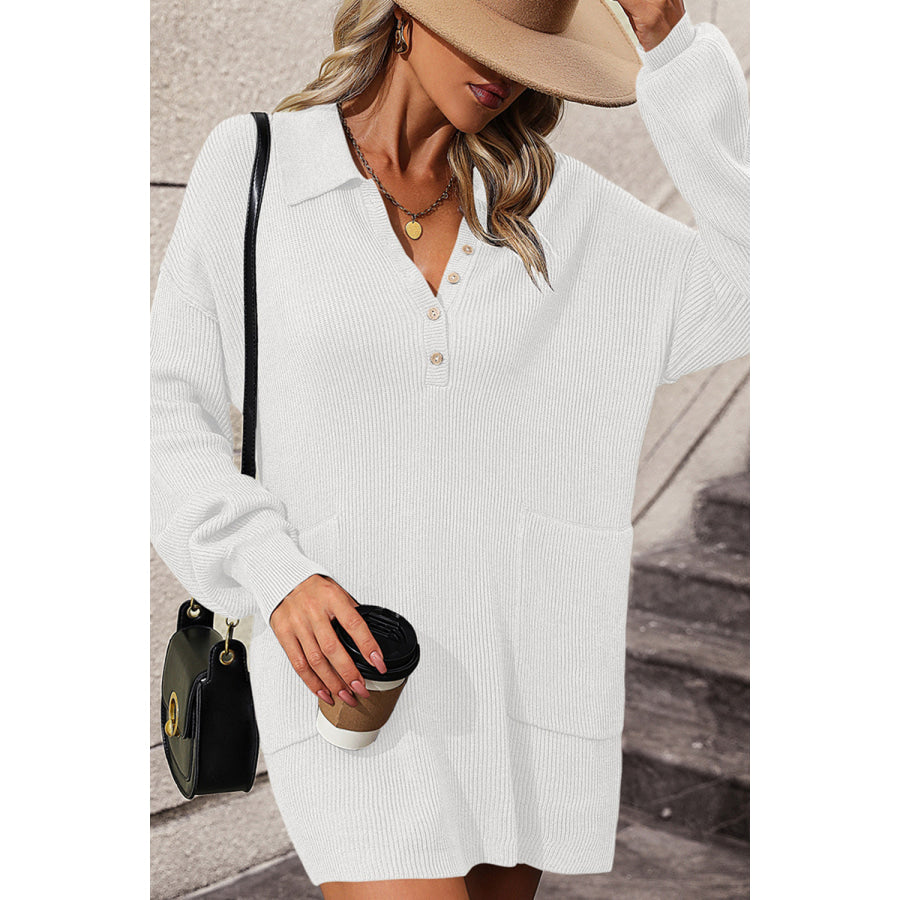 Collared Neck Long Sleeve Sweater Dress with Pockets White / S Apparel and Accessories