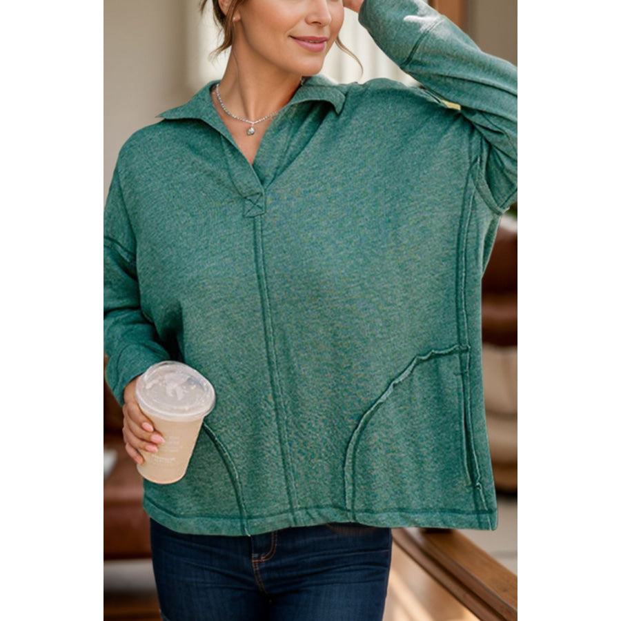 Collared Neck Long Sleeve Sweatshirt Dark Green / S Apparel and Accessories