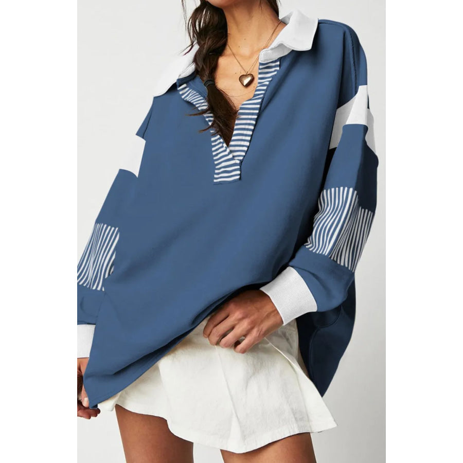 Collared Neck Long Sleeve Sweatshirt French Blue / S Apparel and Accessories