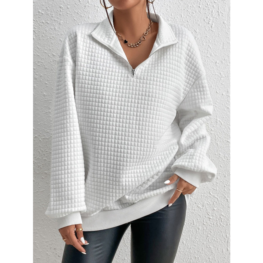 Collared Neck Long Sleeve Sweatshirt White / S Apparel and Accessories