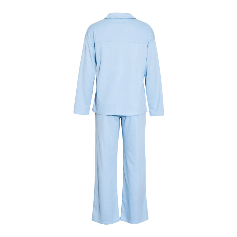 Collared Neck Long Sleeve Top and Drawstring Pants Set Apparel and Accessories