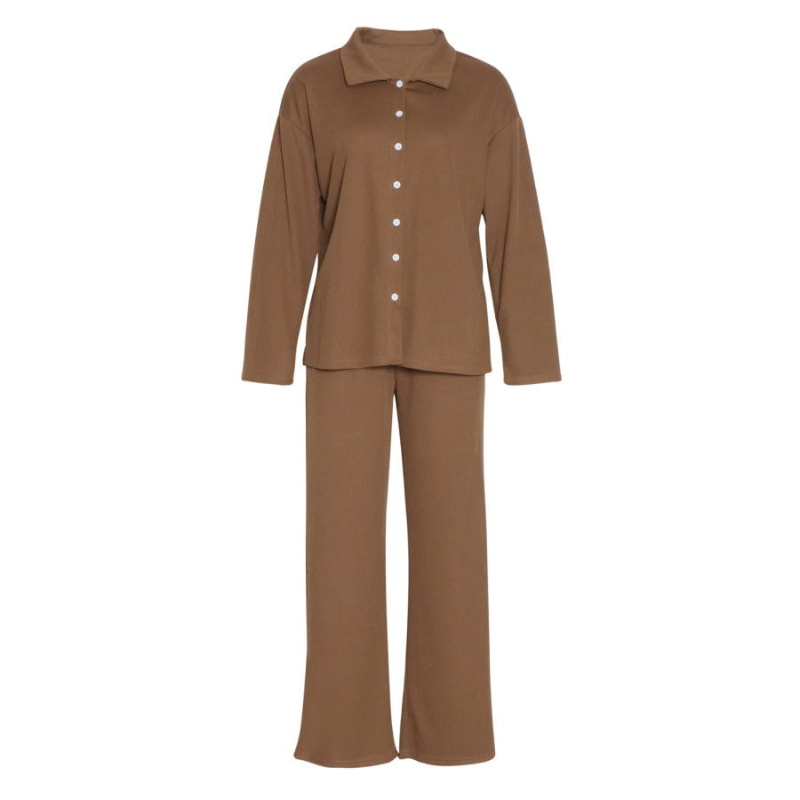 Collared Neck Long Sleeve Top and Drawstring Pants Set Brown / XS Apparel and Accessories