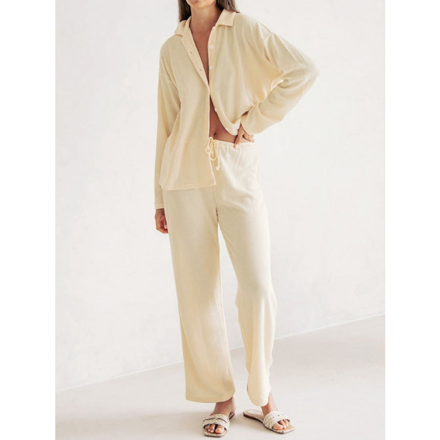 Collared Neck Long Sleeve Top and Drawstring Pants Set Cream / XS Apparel and Accessories