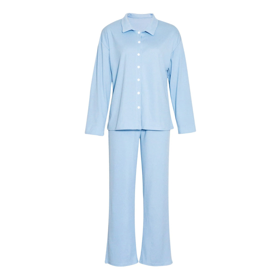 Collared Neck Long Sleeve Top and Drawstring Pants Set Light Blue / XS Apparel and Accessories