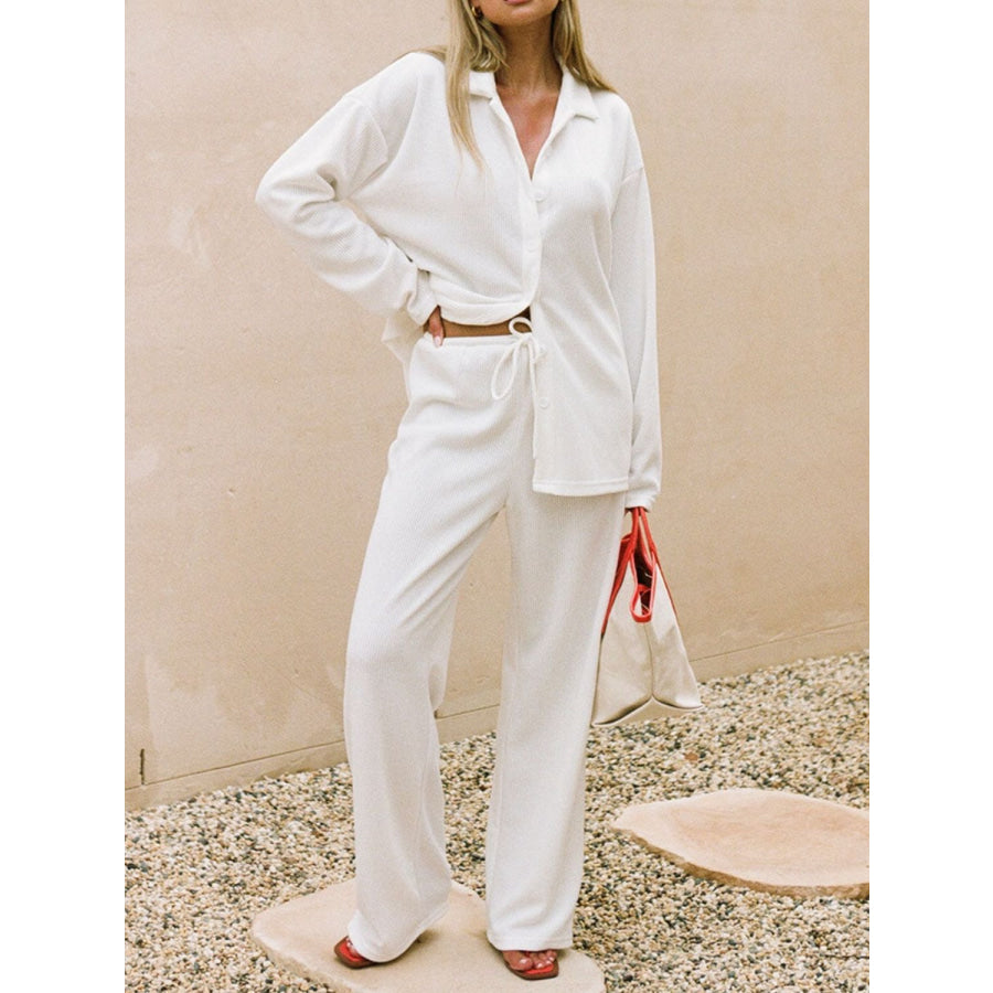 Collared Neck Long Sleeve Top and Drawstring Pants Set White / XS Apparel and Accessories