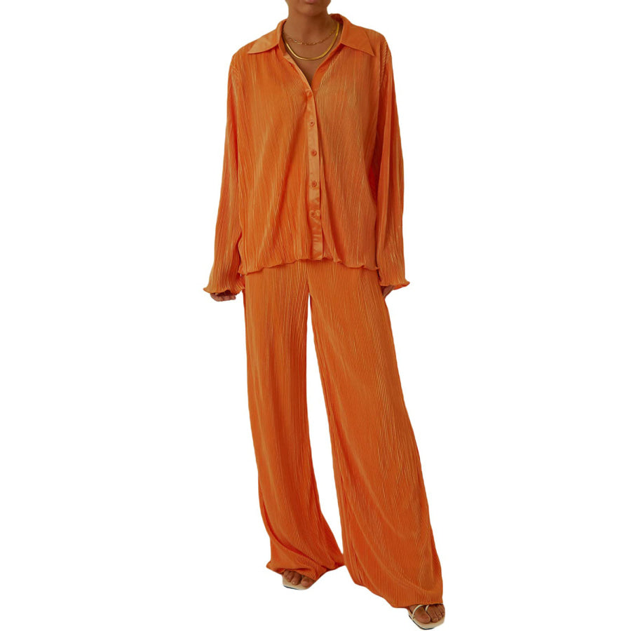 Collared Neck Long Sleeve Top and Pants Lounge Set Apparel and Accessories