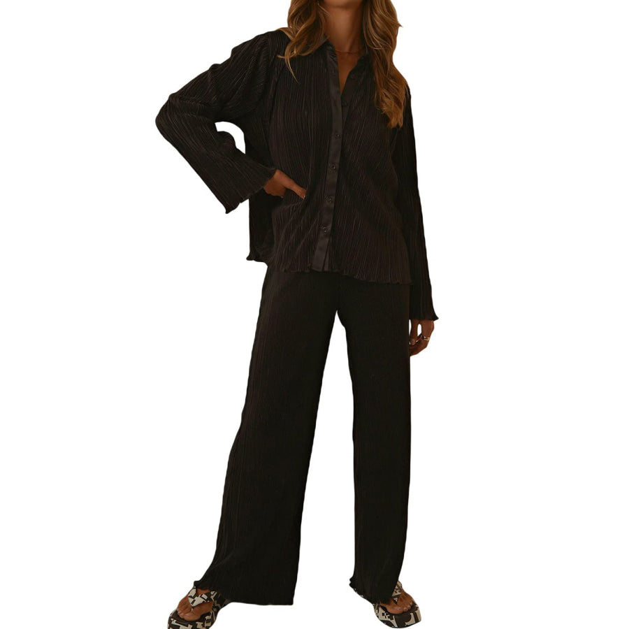 Collared Neck Long Sleeve Top and Pants Lounge Set Apparel and Accessories