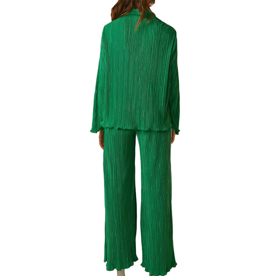 Collared Neck Long Sleeve Top and Pants Lounge Set Apparel and Accessories