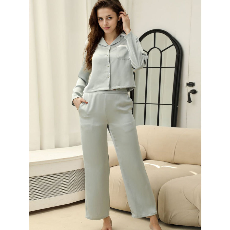 Collared Neck Long Sleeve Top and Pants Lounge Set Apparel and Accessories