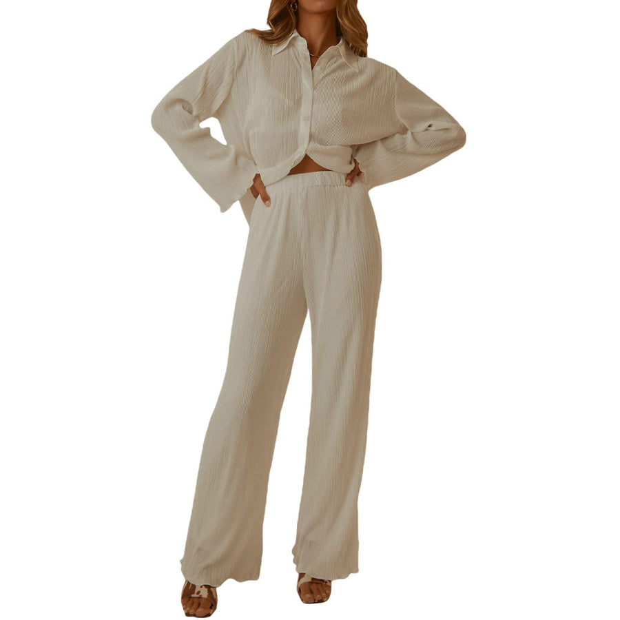 Collared Neck Long Sleeve Top and Pants Lounge Set Apparel and Accessories