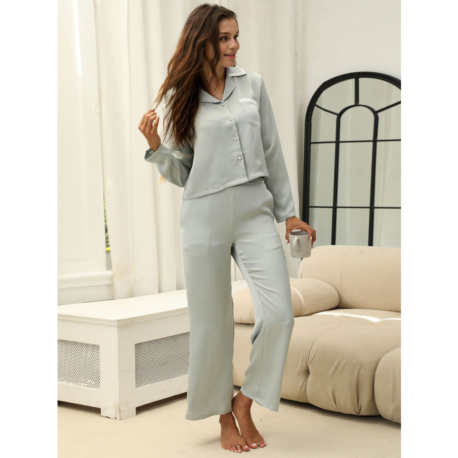 Collared Neck Long Sleeve Top and Pants Lounge Set Apparel and Accessories