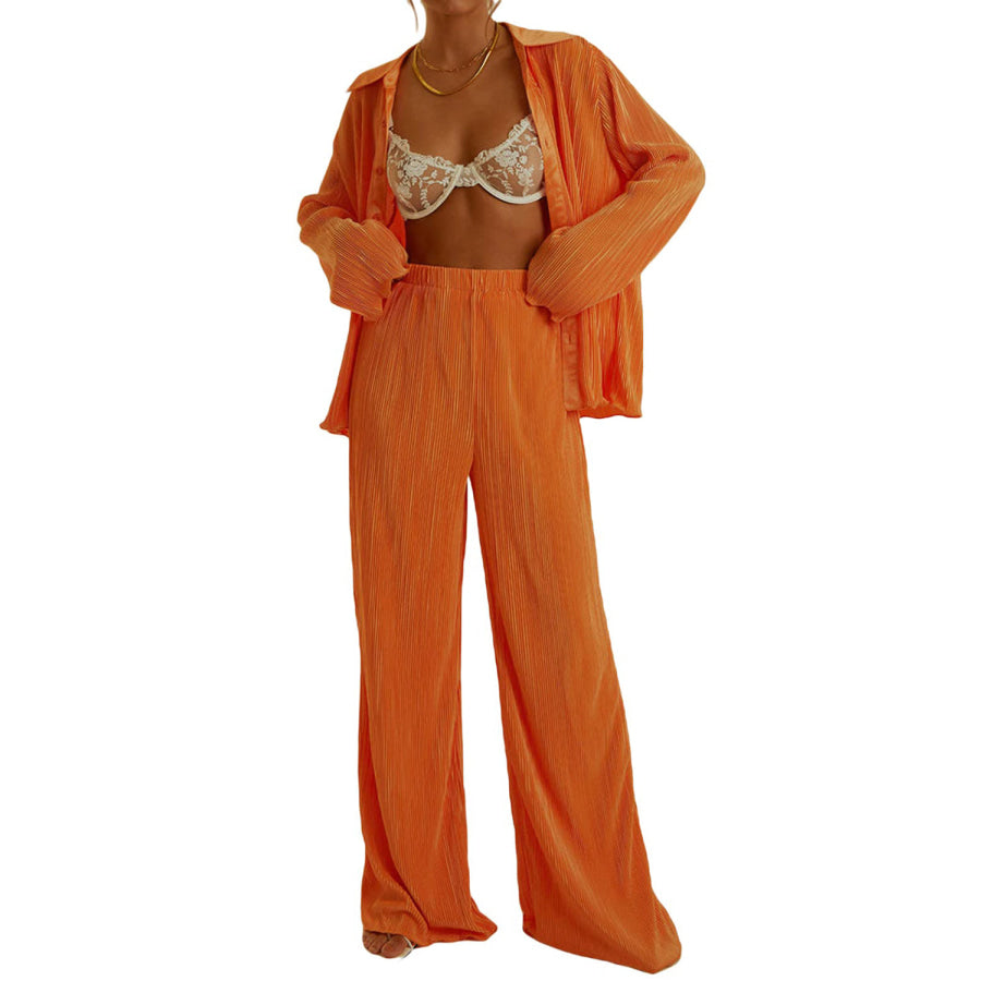 Collared Neck Long Sleeve Top and Pants Lounge Set Apparel and Accessories