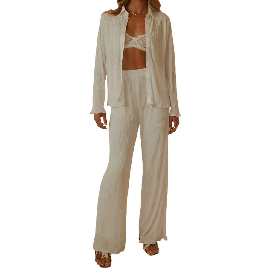 Collared Neck Long Sleeve Top and Pants Lounge Set Apparel and Accessories