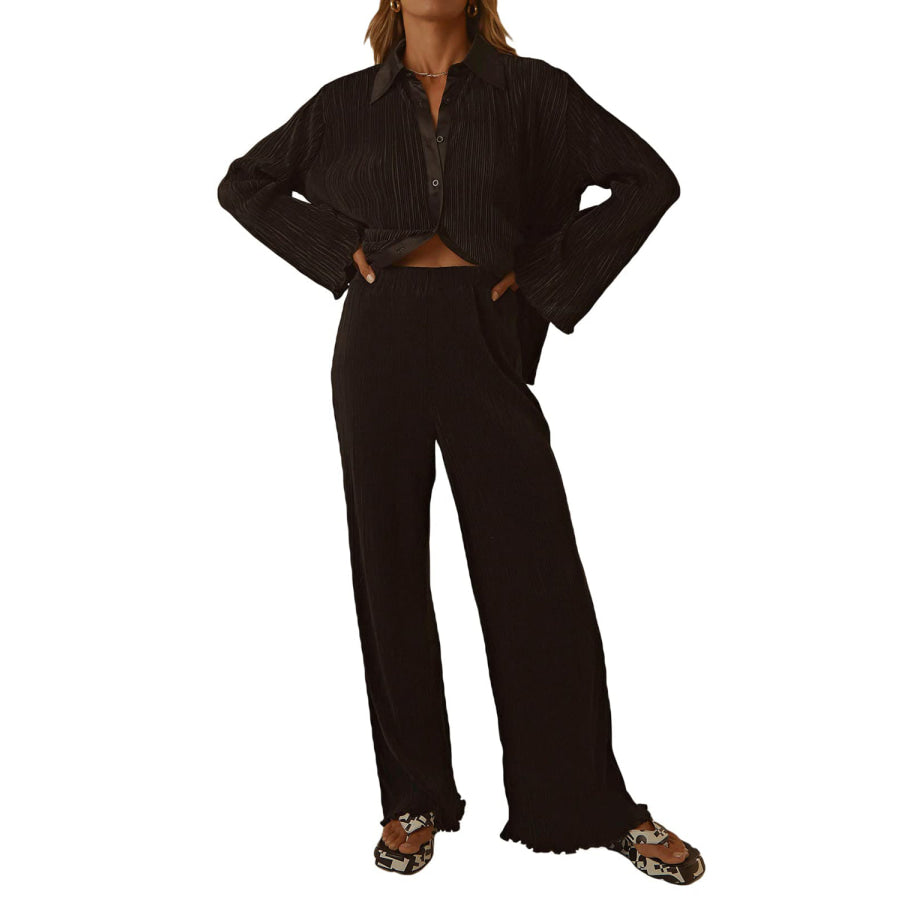 Collared Neck Long Sleeve Top and Pants Lounge Set Apparel and Accessories