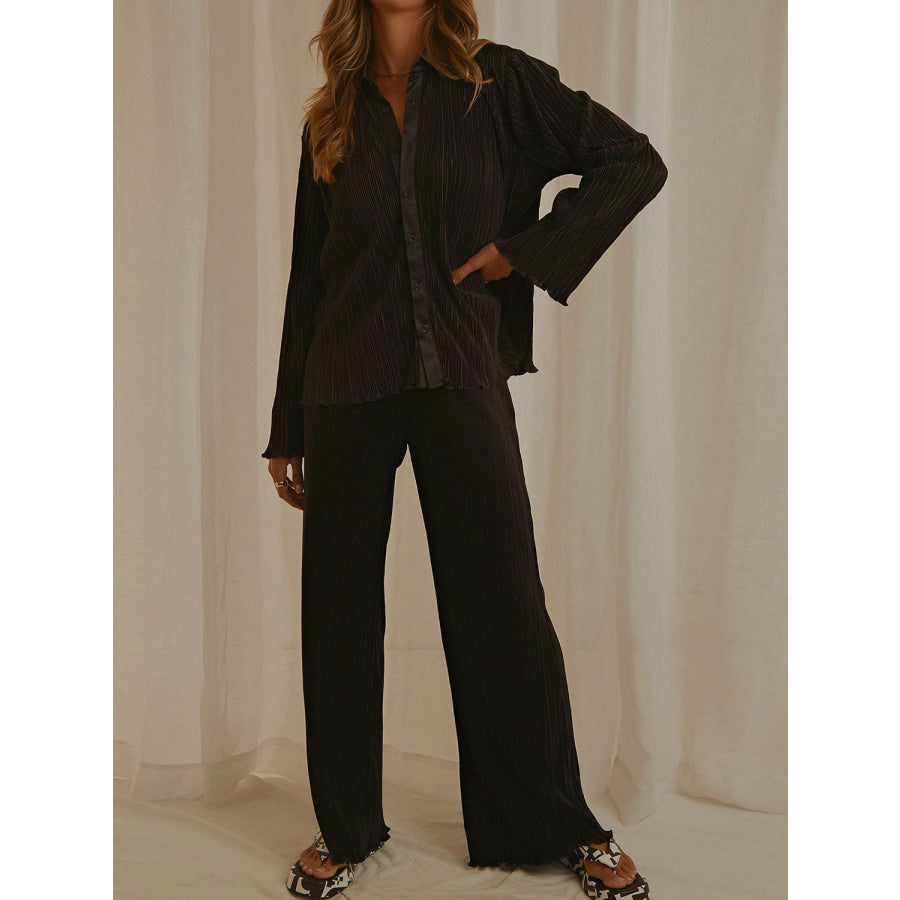 Collared Neck Long Sleeve Top and Pants Lounge Set Black / S Apparel and Accessories