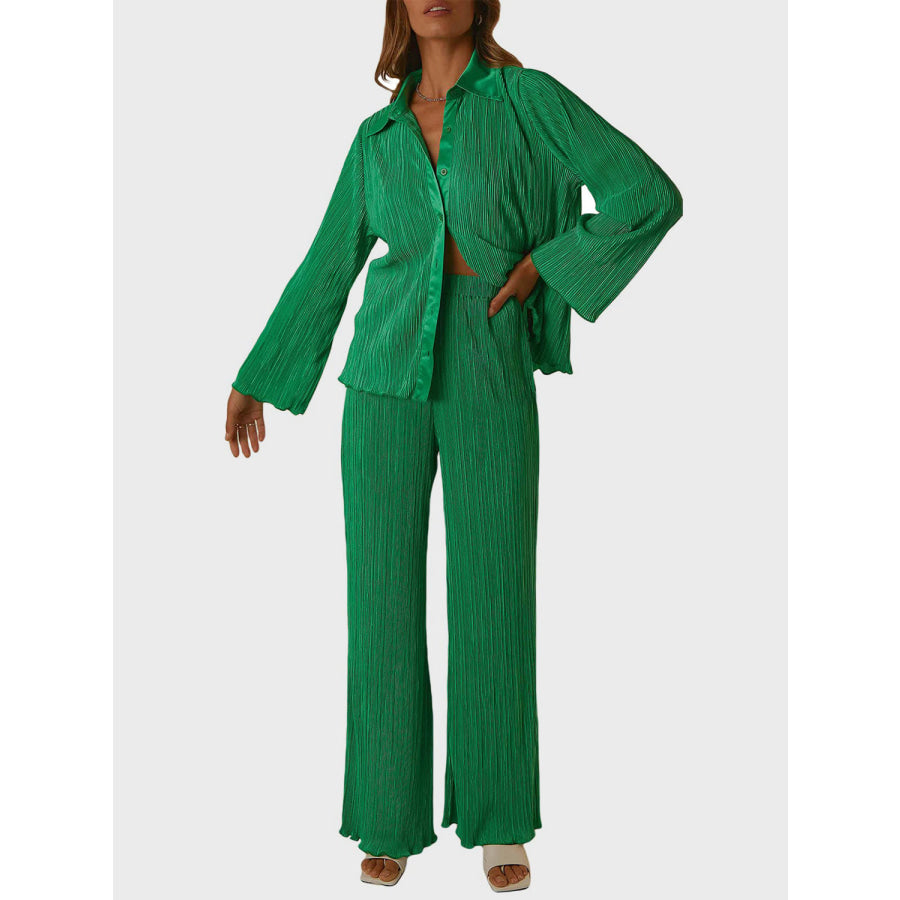 Collared Neck Long Sleeve Top and Pants Lounge Set Dark Green / S Apparel and Accessories