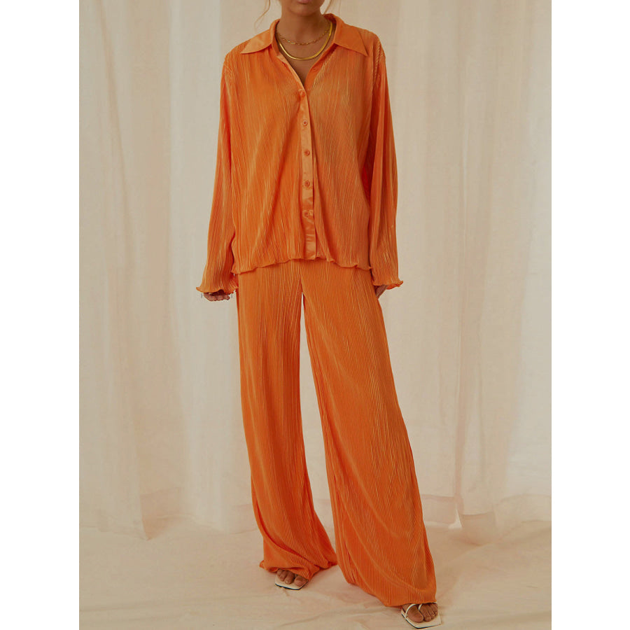 Collared Neck Long Sleeve Top and Pants Lounge Set Orange / S Apparel and Accessories