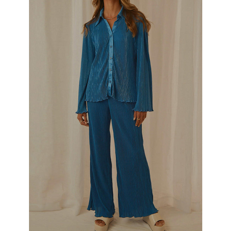 Collared Neck Long Sleeve Top and Pants Lounge Set Peacock Blue / S Apparel and Accessories