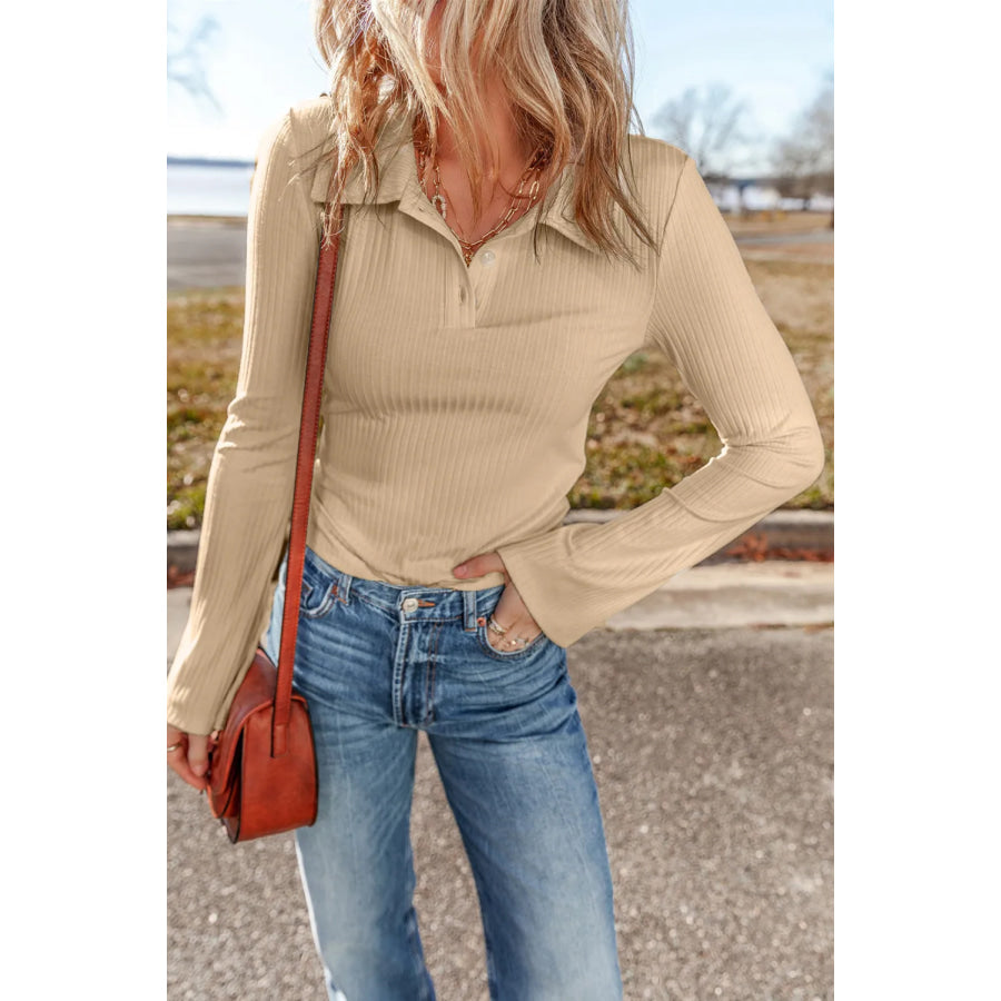 Collared Neck Long Sleeve Top Tan / S Apparel and Accessories