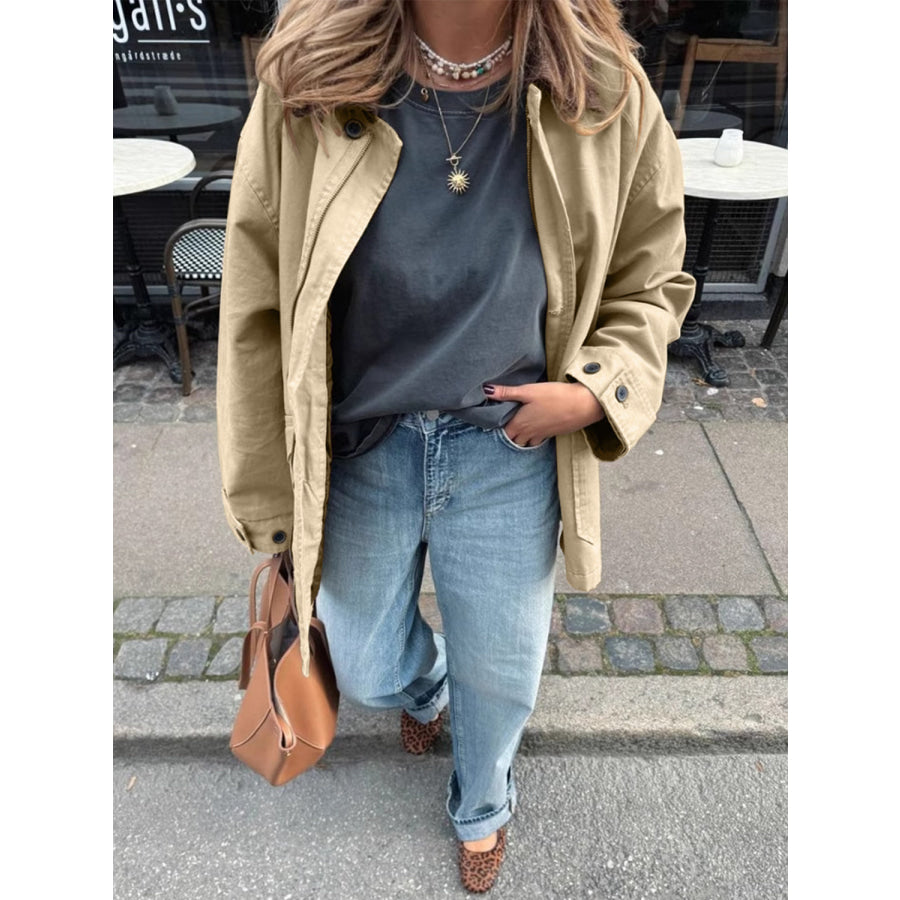 Collared Neck Long Sleeve Trench Coat Tan / S Apparel and Accessories