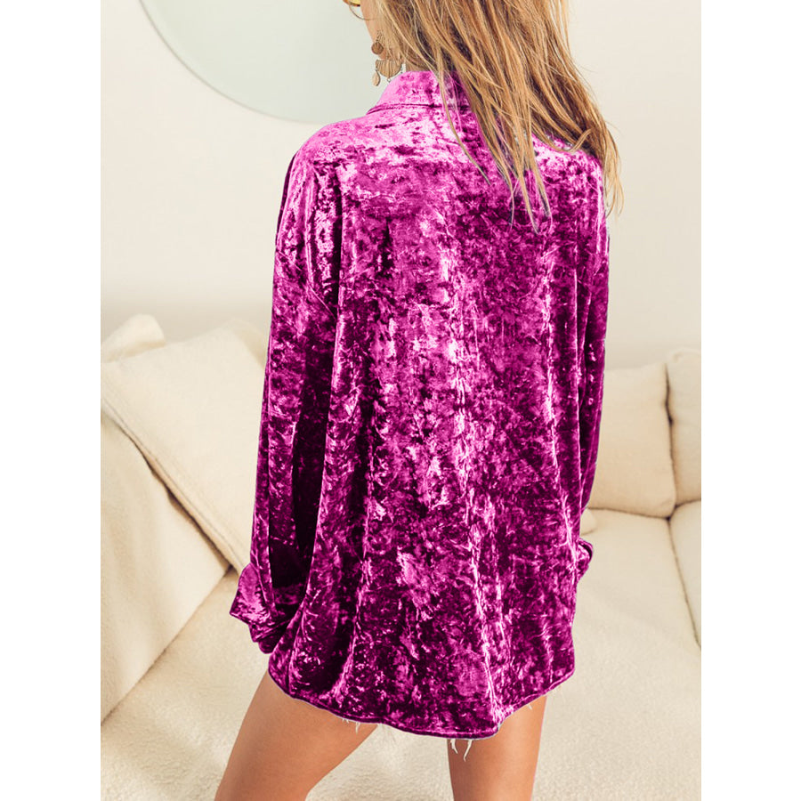 Collared Neck Long Sleeve Velvet Shirt Hot Pink / S Apparel and Accessories