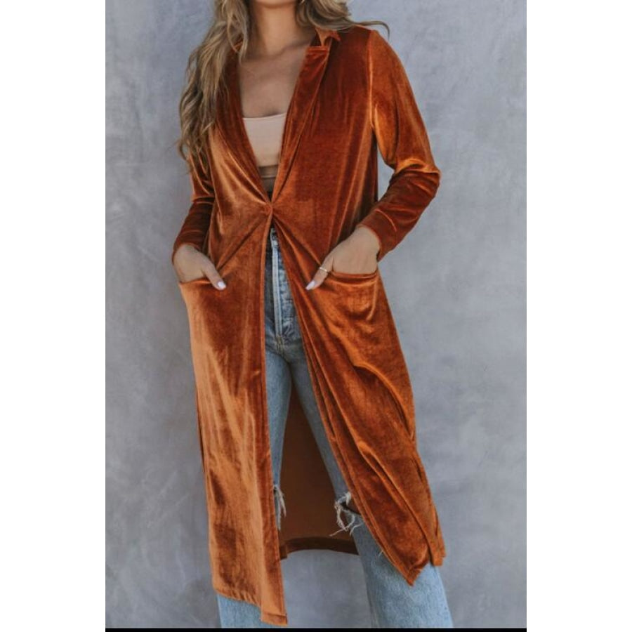 Collared Neck Longline Velvet Cardigan with Pockets Caramel / S