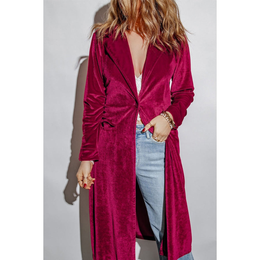 Collared Neck Longline Velvet Cardigan with Pockets Deep Rose / S