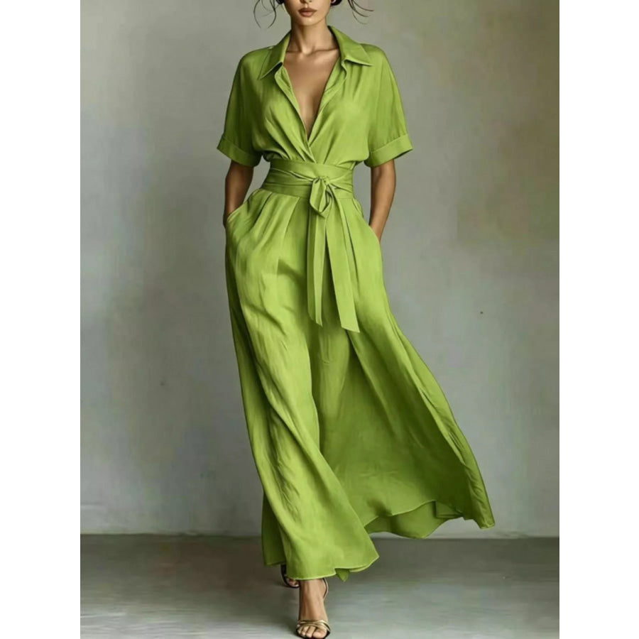 Collared Neck Maxi Shirt Dress Apparel and Accessories