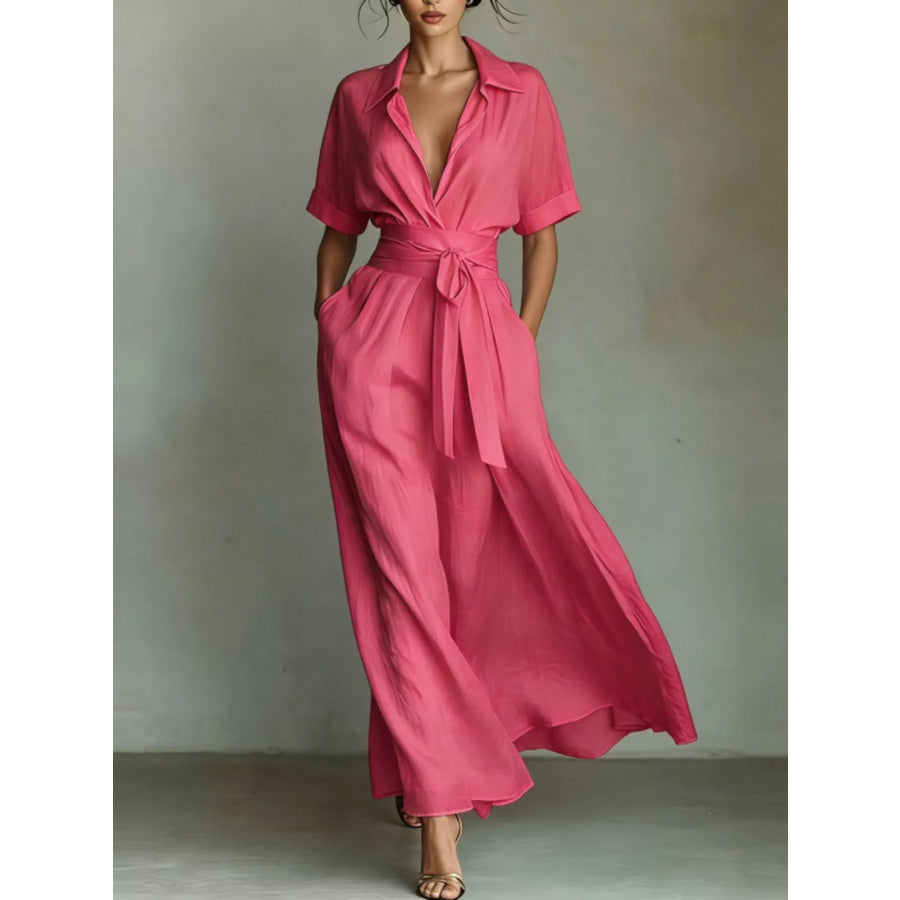 Collared Neck Maxi Shirt Dress Hot Pink / S Apparel and Accessories