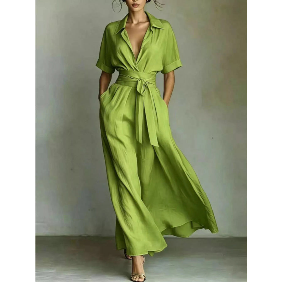 Collared Neck Maxi Shirt Dress Matcha Green / S Apparel and Accessories