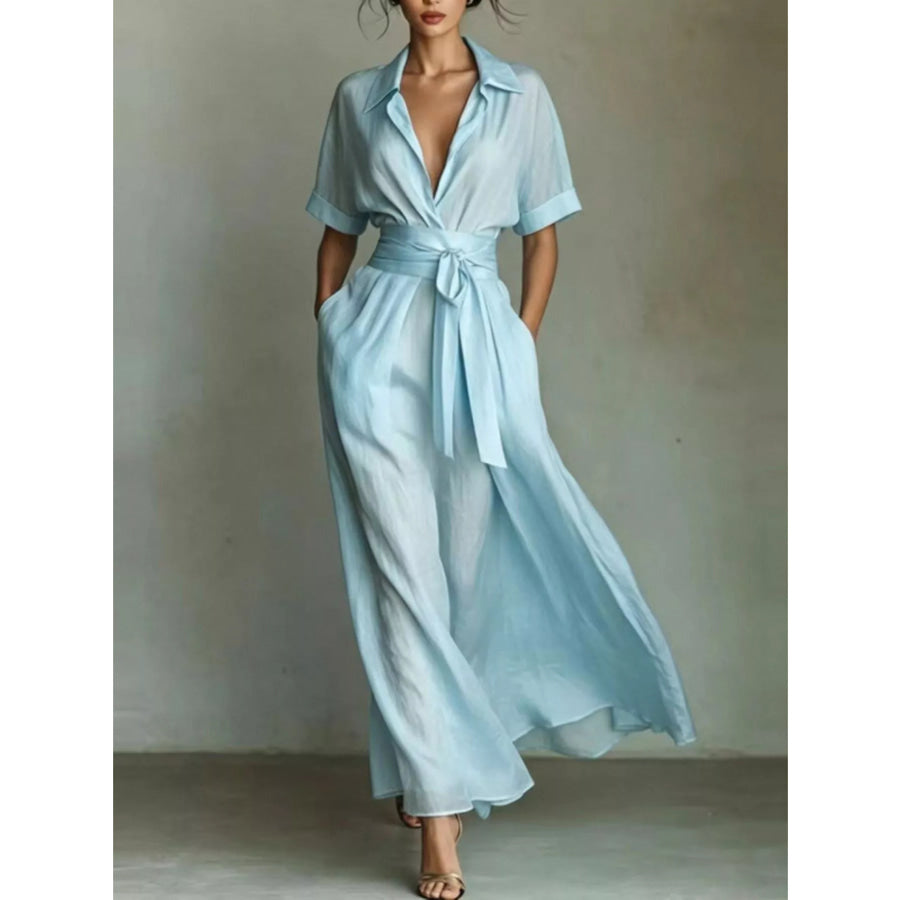Collared Neck Maxi Shirt Dress Mint Blue / S Apparel and Accessories