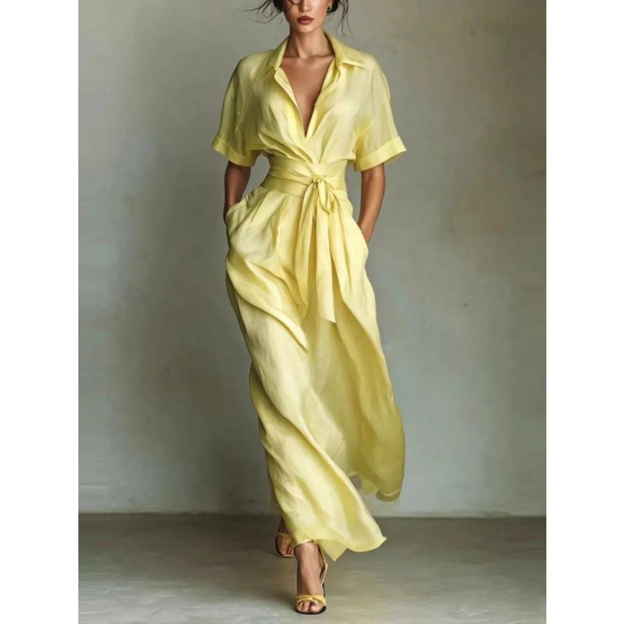 Collared Neck Maxi Shirt Dress Pastel Yellow / S Apparel and Accessories