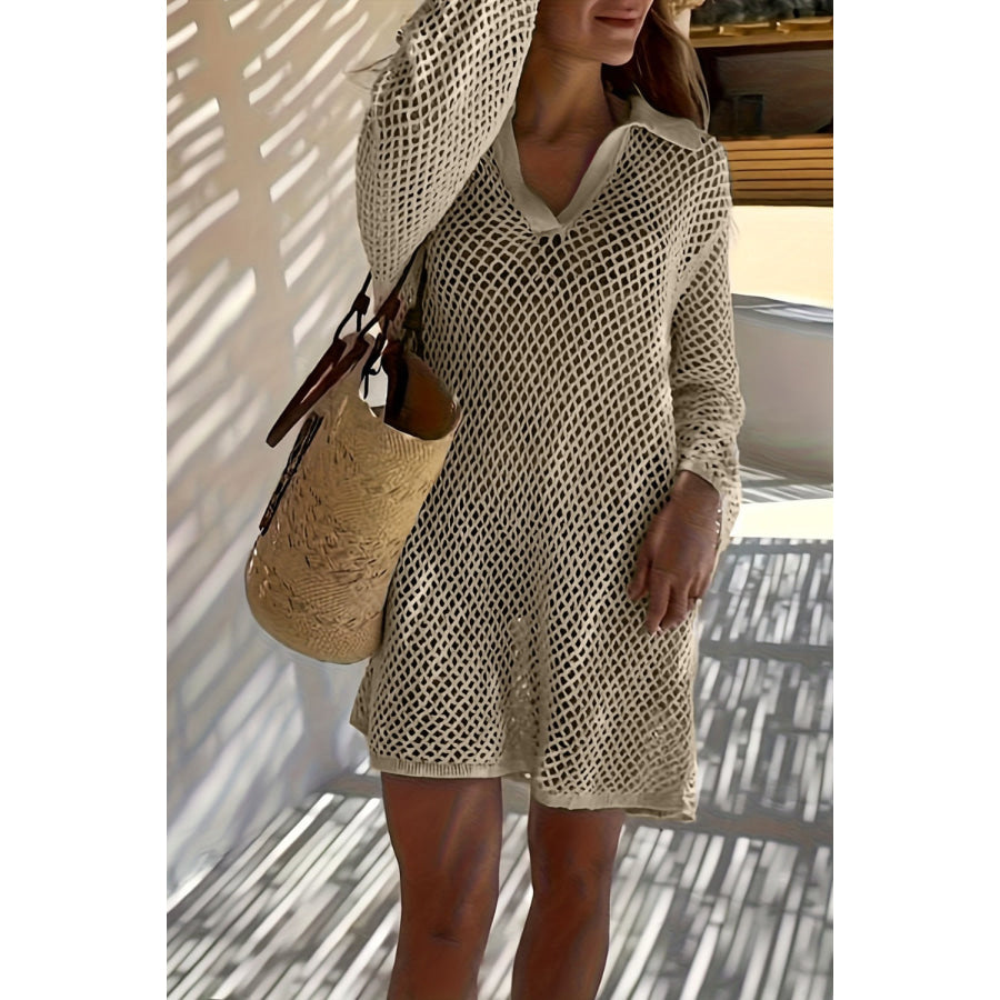Collared Neck Openwork Crochet Knit Cover Up Apparel and Accessories