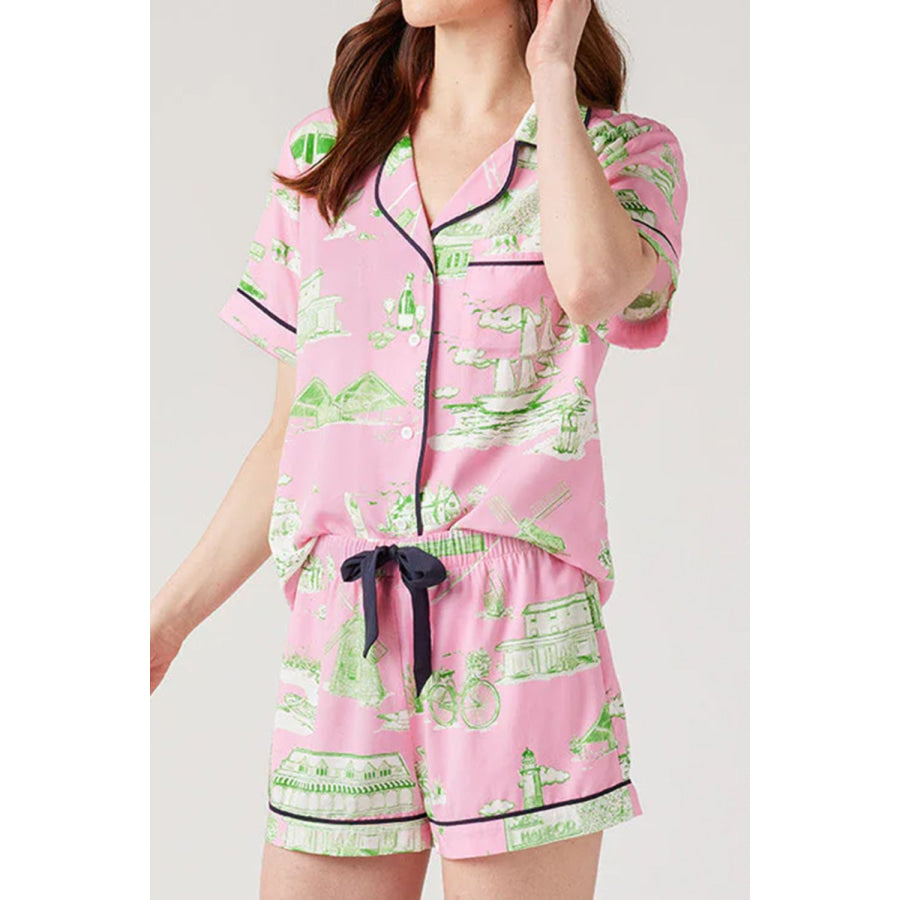 Collared Neck Printed Top and Drawstring Shorts Lounge Set Apparel and Accessories