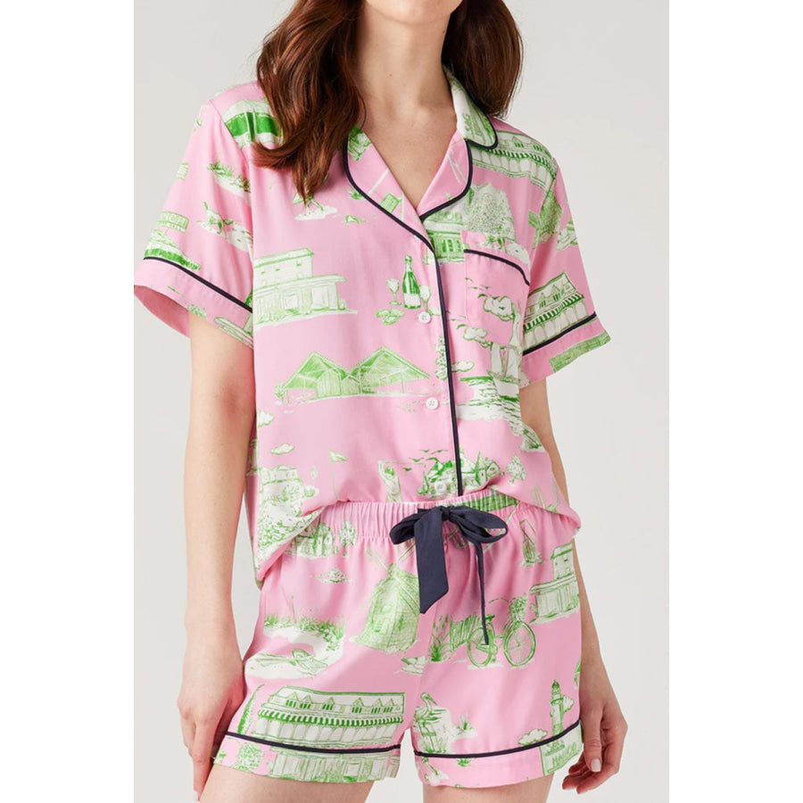 Collared Neck Printed Top and Drawstring Shorts Lounge Set Apparel and Accessories