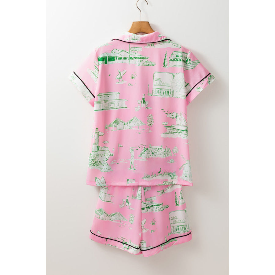 Collared Neck Printed Top and Drawstring Shorts Lounge Set Apparel and Accessories