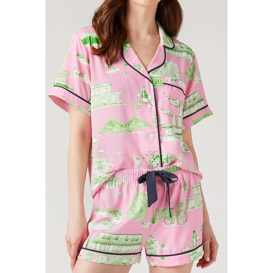 Collared Neck Printed Top and Drawstring Shorts Lounge Set Blush Pink / S Apparel and Accessories