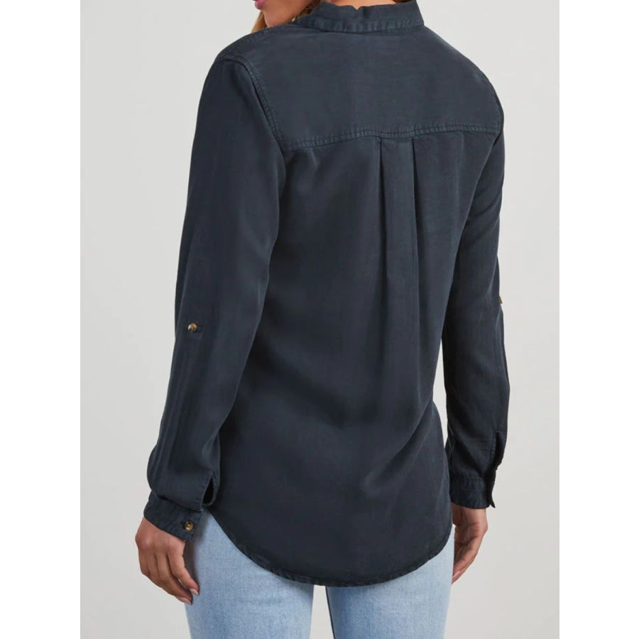 Collared Neck Roll-Tab Sleeve Denim Top Apparel and Accessories