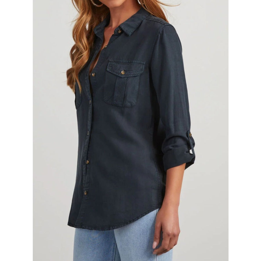 Collared Neck Roll-Tab Sleeve Denim Top Apparel and Accessories