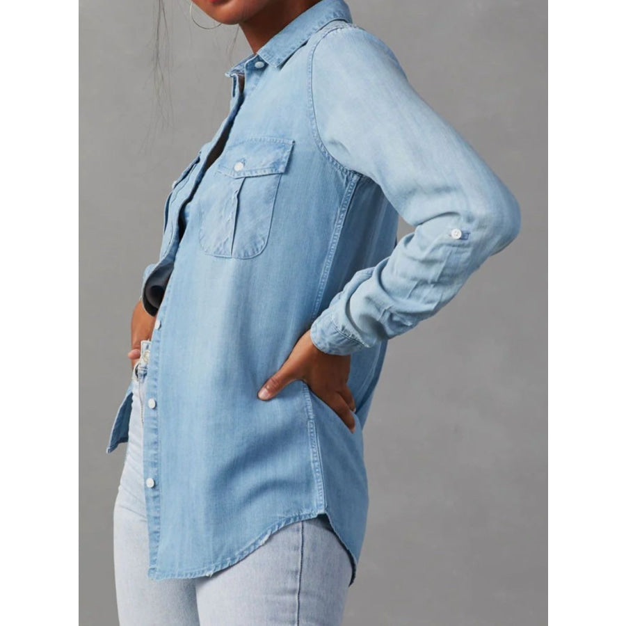 Collared Neck Roll-Tab Sleeve Denim Top Apparel and Accessories