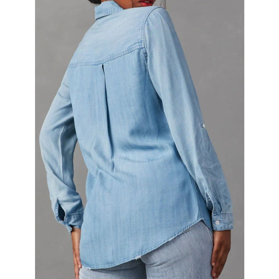 Collared Neck Roll-Tab Sleeve Denim Top Apparel and Accessories