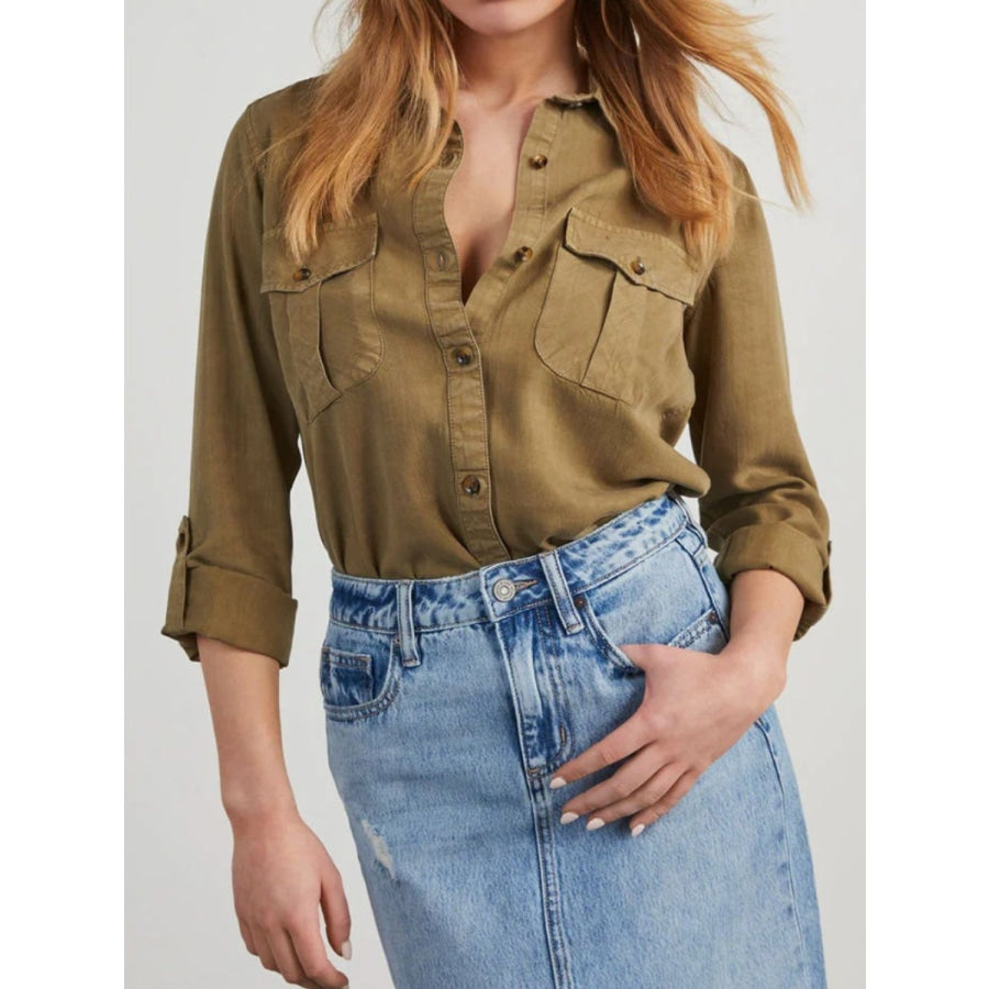 Collared Neck Roll-Tab Sleeve Denim Top Apparel and Accessories